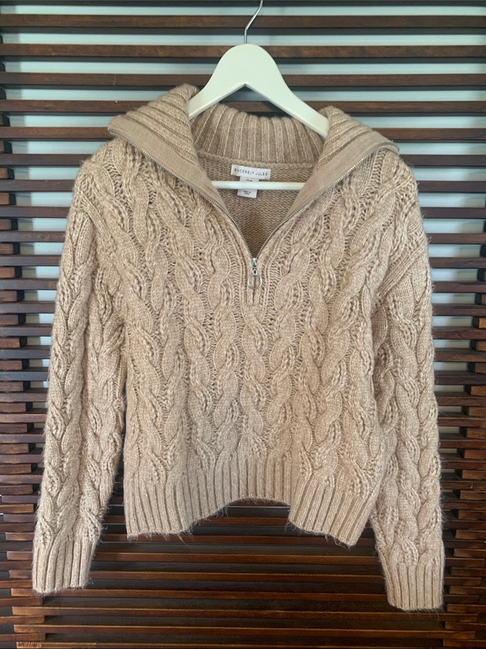 Sincerely Jules Cable-Knit Half-Zip Hoodie Sweater in Beige